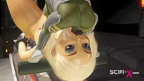 Green alien fucks hard a sexy cuffed girl in the sci-fi lab in a spacecraft