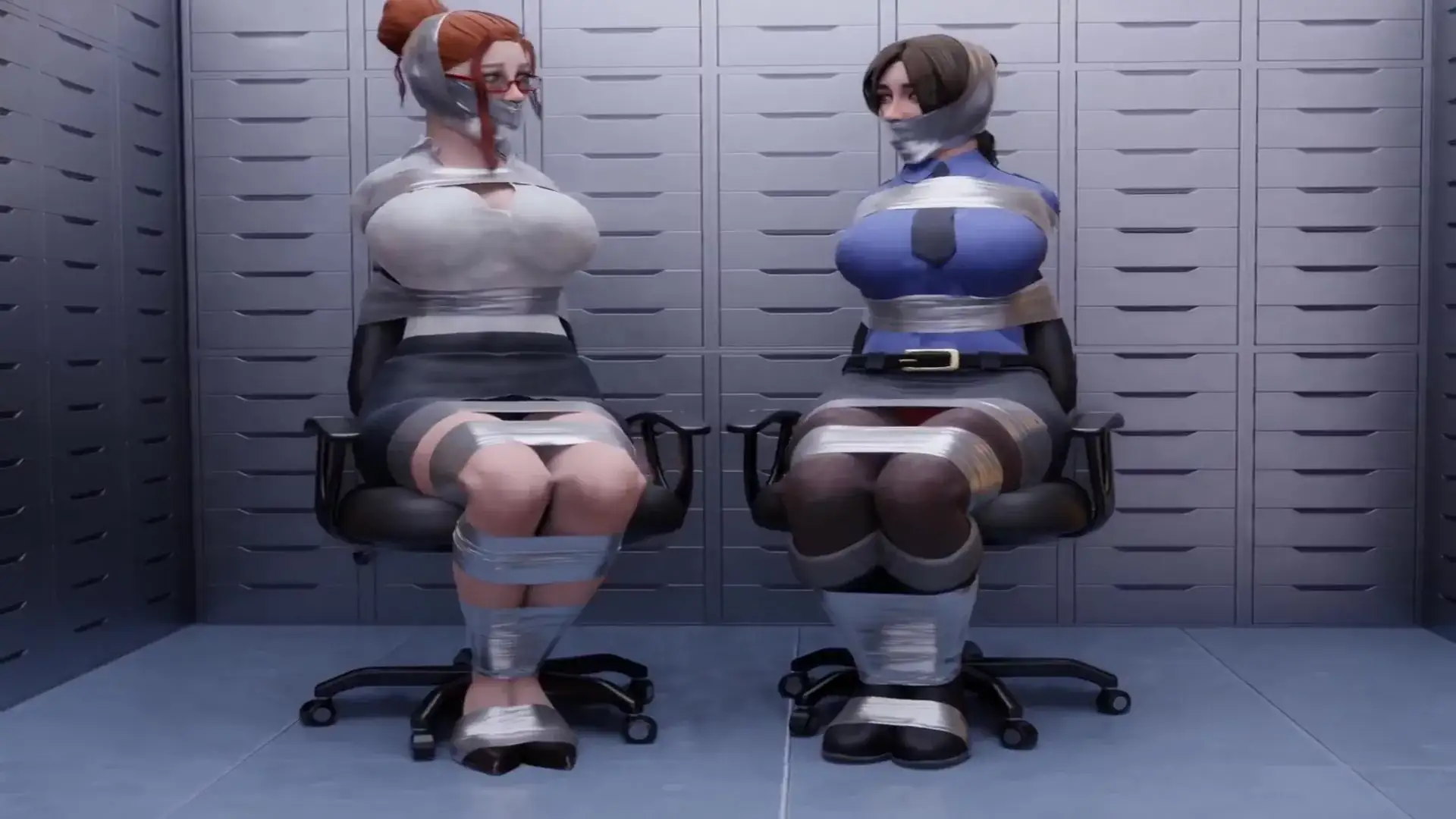 Two Busty Women Taped And Gagged In A Company Vault