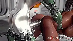 Sci-fi base camp. Male android plays with a sexy ebony on the exoplanet